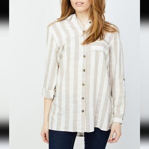 RD & Koko Classic Neutral Striped Lagenlook Casual Linen Button Down Tunic Large